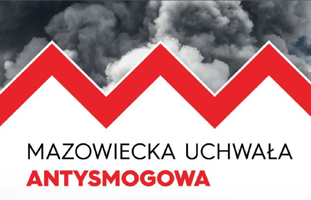 Chmury smogowe nad czerwonym łamańcem pod którym widnieje napis: Mazowiecka uchwała antysmogowa