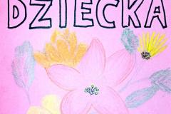 Różowa karta z napisem Dzień dziecka oraz kolorowymi kwiatkami
