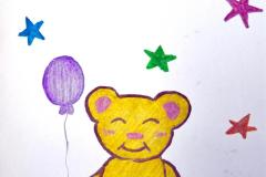 Karta z napisem Dzień dziecka oraz misiem w kolorze żółtym,, kolorwe gwiazki i baloniki