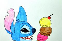 Karta z napisem Dzień dziecka oraz niebieski stworek trzymający loda z wiloma gałkami w wafelku