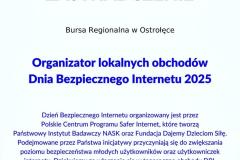 Zaświadczenie dla Bursy Regionalnej za zorganizowanie obchodów „Dnia Bezpiecznego Internetu”.