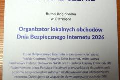 Zaświadczenie informujące, że Bursa Regionalna w Ostrołęce jest Organizatorem lokalnych obchodów Dnia Bezpiecznego Internetu 2026 r.