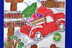 Kartka świąteczna z napisem Merry Christmas, czerwonym samochodem z prezentami, domkiem, choinkami, krasnalem, śniegiem.