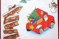 Kartka świąteczna na której znajduje się: czerwony samochód w którym siedzi postać świętego Mikołaja. Na samochodzie znajduje się choinka i zapakowane prezenty. Po lewej stronie znajduje się drogowskaz z napisami w języku angielskim. W tle znajduje się biały bałwan, zielone choinki i piętrowy dom przystrojony w świąteczne dekoracje. Na kartce znajduje się napis: Wesołych świąt. Pod kartką znajduje się napis: I miejsce: Potaś Natalia – Bursa Regionalna w Ostrołęce