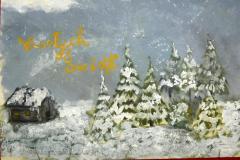 Kartka świąteczna na której na pierwszym planie namalowane są choinki biało – zielone, stojące w śniegu. Po lewej stronie znajduje się stara chatka, której dach pokryty jest śniegiem. Na środku kartki znajduje się namalowany żółtą farbą napis: Wesołych świąt. Pod kartką znajduje się napis: II miejsce: Zygmunt Roksana – Bursa Regionalna w Ostrołęce