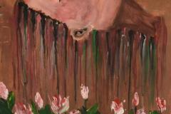 Obraz przedstawia kobiecą twarz ukazaną z profilu, zanurzoną w spływających barwach, nad kwitnącymi różowymi kwiatami, co tworzy melancholijny i refleksyjny nastrój