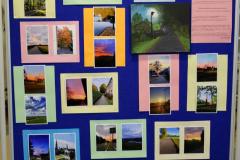 Na niebieskiej tablicy na kolorowych kartkach znajdują się fotografie oraz obraz: przyrody, budynków, miasta, parku miejskiego. 