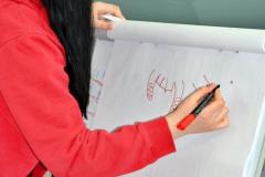 Wychowanka rysuje hasło na tablicy podczas gry w kalambury