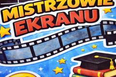 Grafika filmowa z napisem Mistrzowie Ekranu, klapsem filmowym, taśmą filmową i ikonami kina