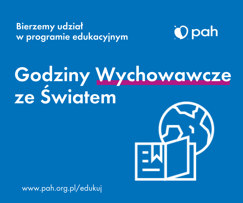 Grafikę programu „Godziny wychowawcze ze światem”. Zawiera napis: bierzemy udział w programie edukacyjnym: „Godziny wychowawcze ze światem”. Pod napisem szkic zeszytu na tle kuli.