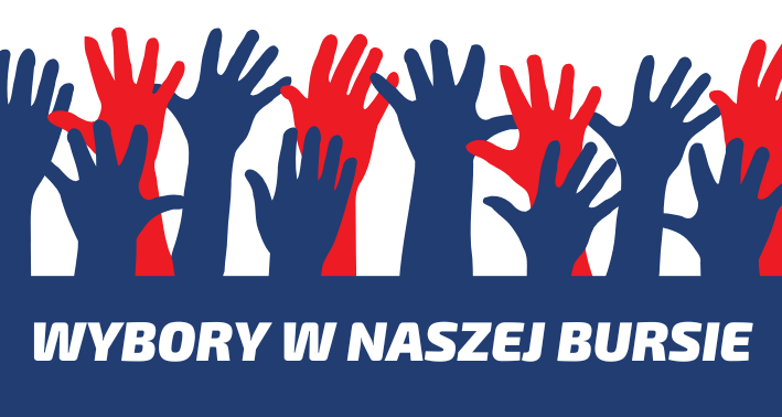 Uniesione ręce - symbol wyborów i napis: wybory w naszej bursie