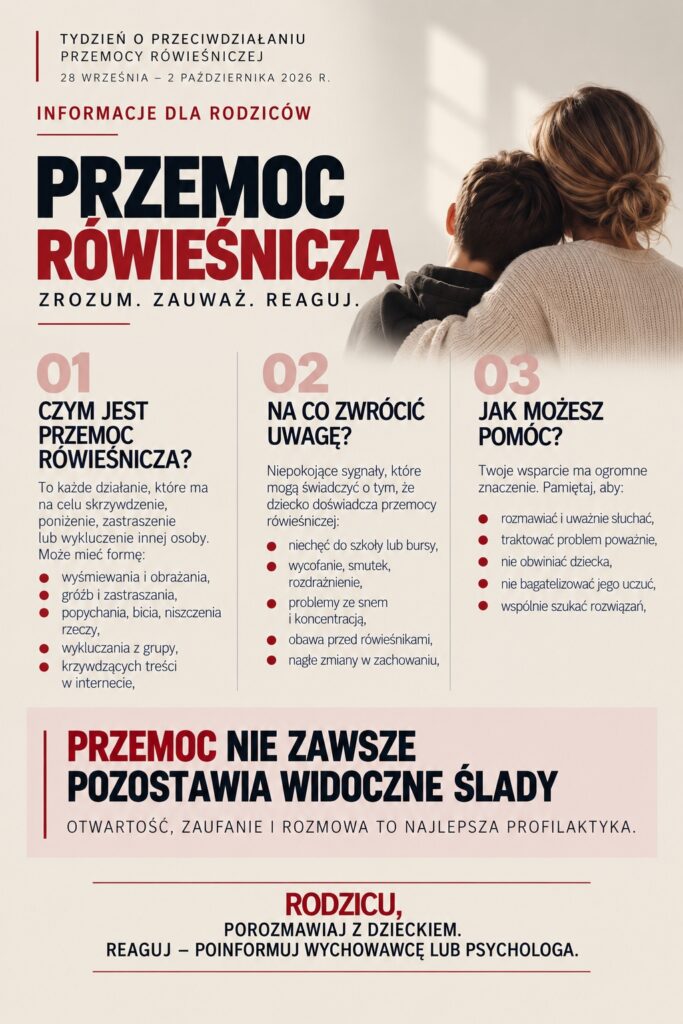 Pionowa grafika informacyjna o przeciwdziałaniu przemocy rówieśniczej i wsparciu dziecka.